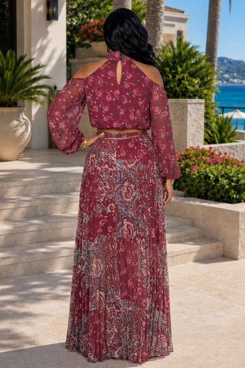 Paisley Print Cold Shoulder Blouse Chain Pleated Maxi Skirt 2pcs Set-Burgundy