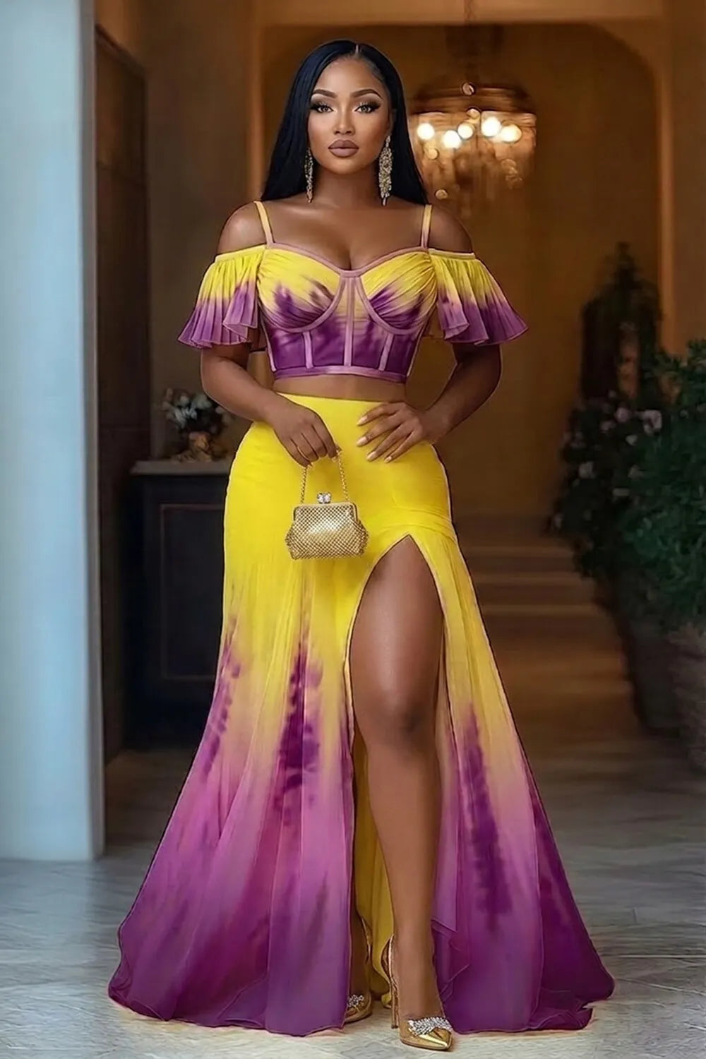 Gradient Corset Top High Slit Maxi Skirt 2pcs Set