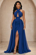 Halter Front Cut Out Streamer Slit Backless Maxi Dresses-Blue