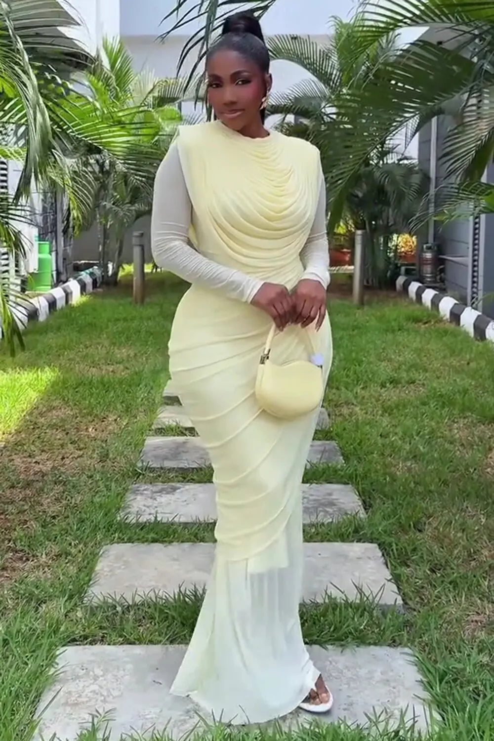 Round Neck Long Sleeve Ruched Slim Fit Gowns Maxi Dresses-Yellow