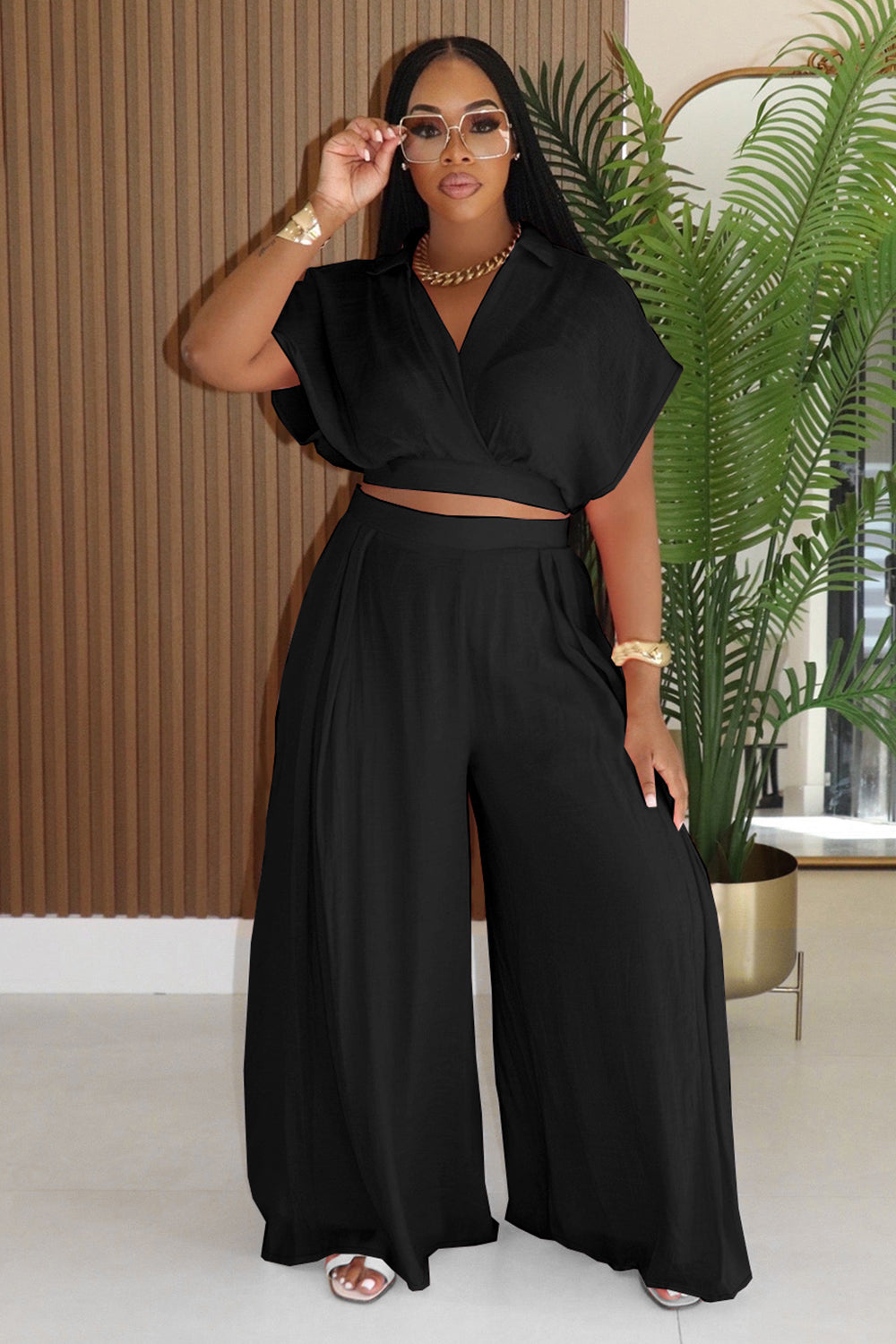 Loose Batwing Sleeve Crop Top High Waist Wide Leg Pants Casual 2pcs Set-White