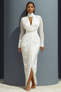 Cowl High Neck Ruched Wedding Guest Party Maxi Dresses-White