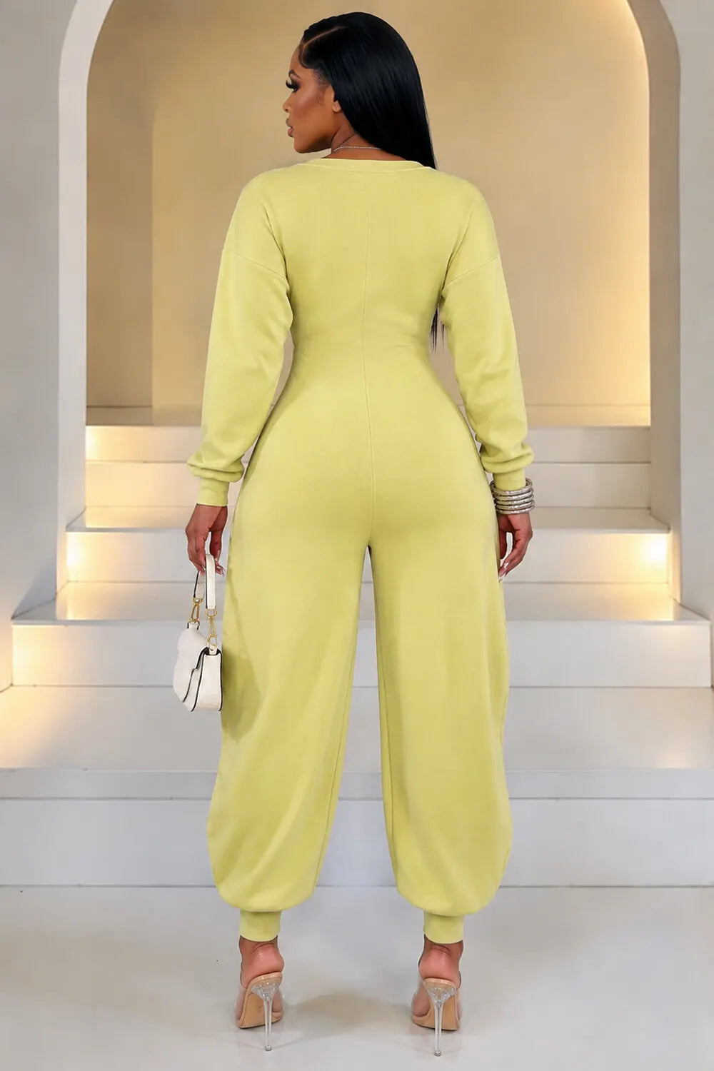 Solid Color V Neck Long Sleeve Vacation Tapered Jumpsuit-Green