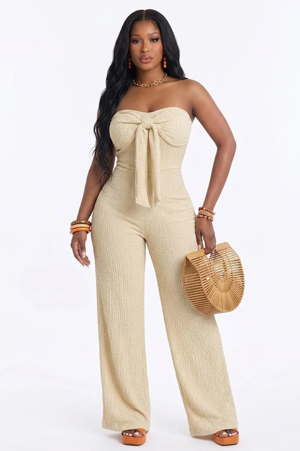 Strapless Bowknot Wrinkle Texture High Waist Wide Leg Vacation Jumpsuit-Green