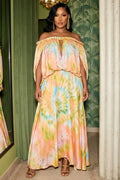 Off Shoulder Braiding Rope Tie Dye Print Maxi Dresses-Yellow