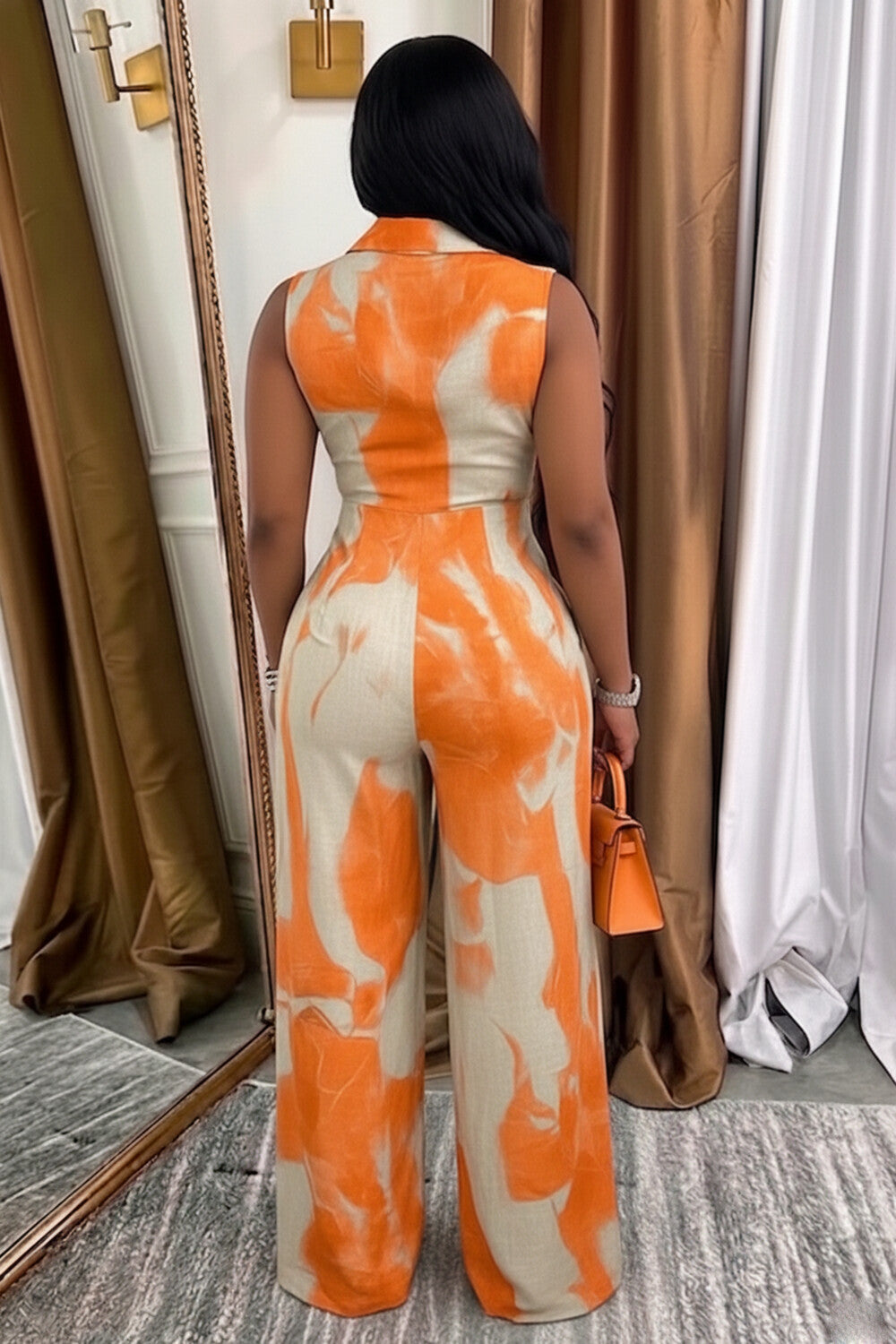 Sleeveless Abstract Print Wide Leg Linen Casual Jumpsuit-Green