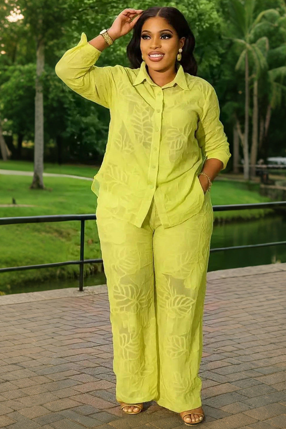 Leaf Pattern  Collar Shirt Wide Leg Pants Casual 2pcs Set-Yellow