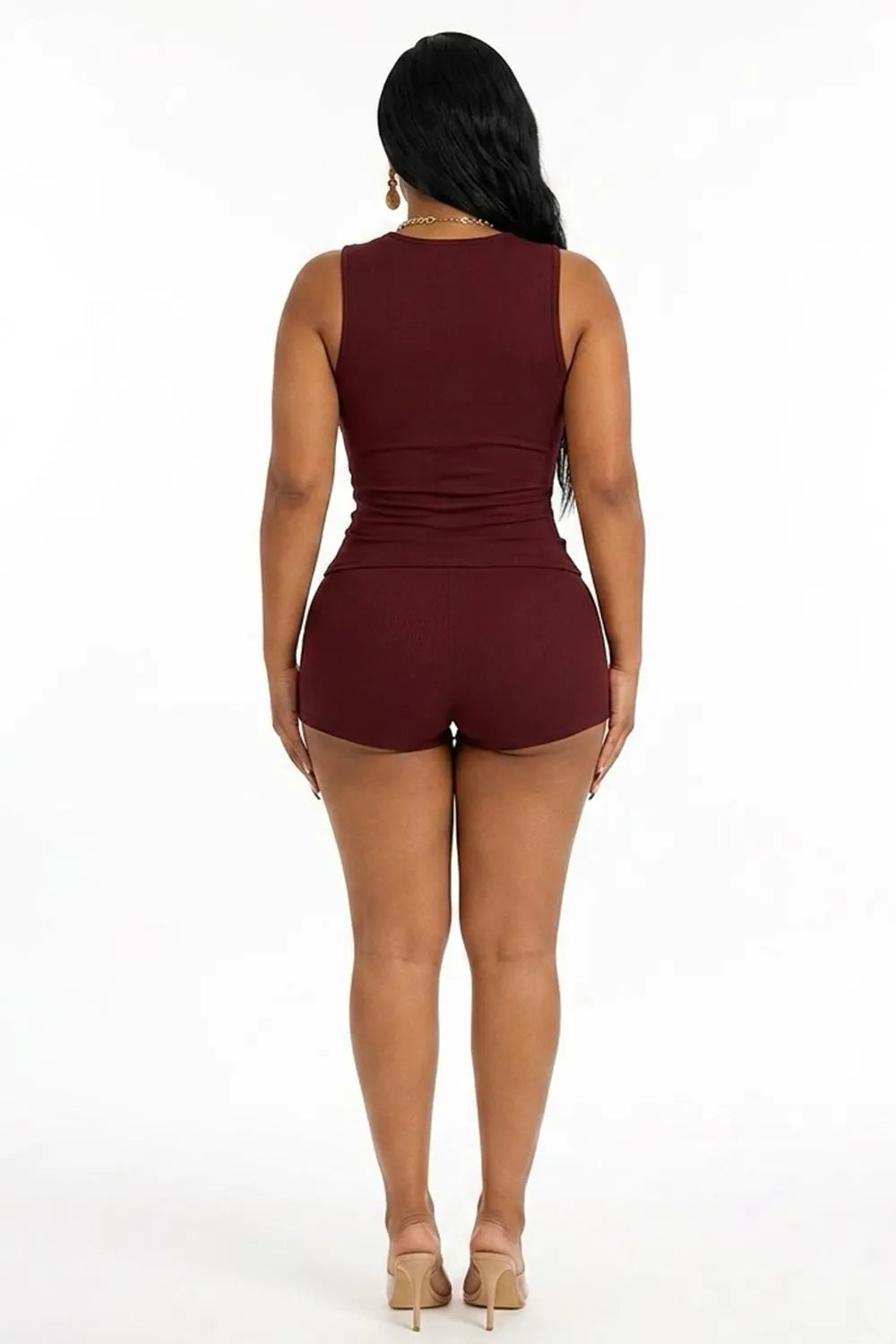Round Neck Sleeveless Cut Out Top Cinch Waist Shorts 2pcs Set-Burgundy