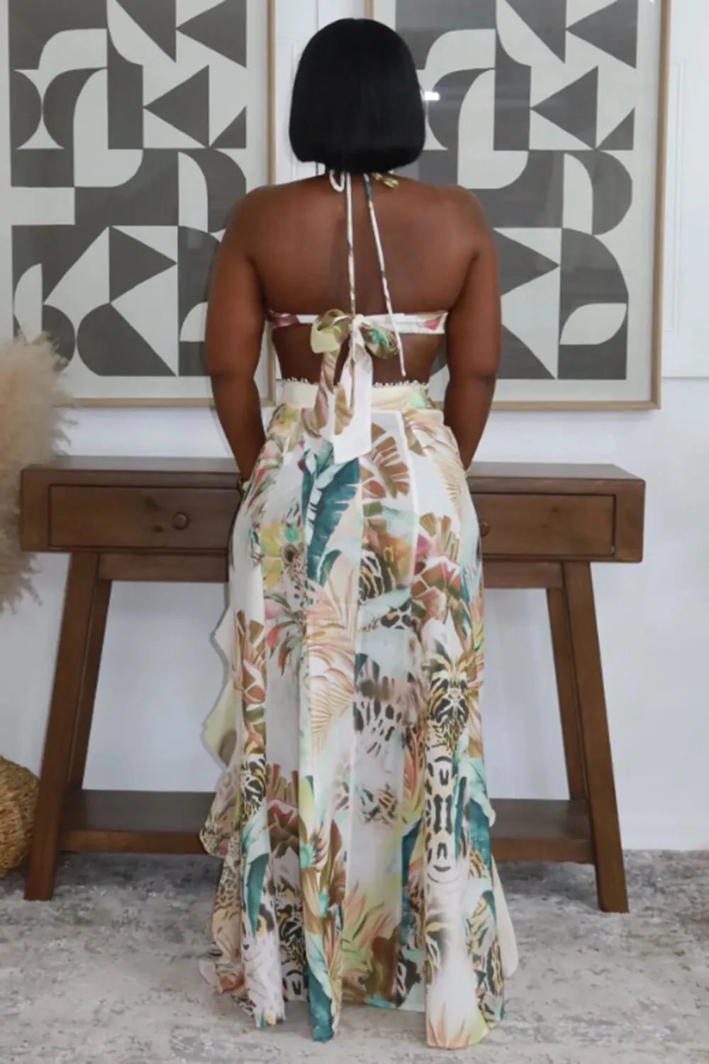 Leaf Print Halter Tube Top High Waist Maxi Skirt 2pcs Set-White