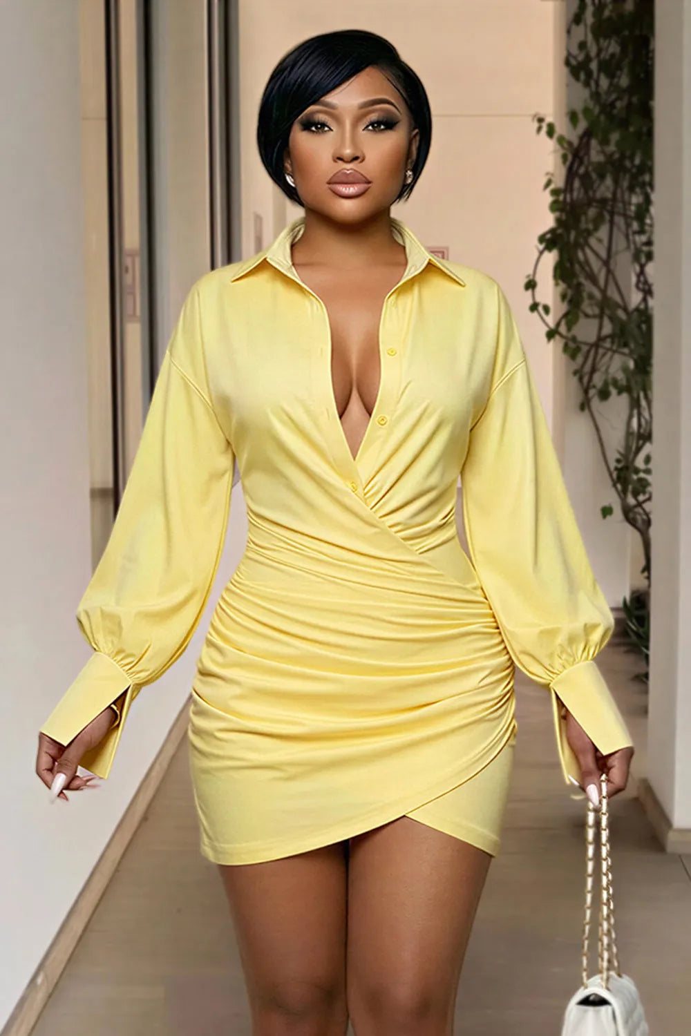 Ruched V Neck Lantern Sleeve Bodycon Casual Mini Dresses-Yellow