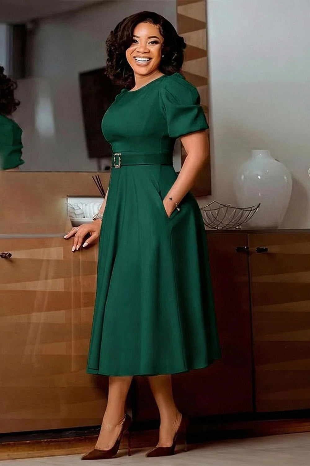Round Neck Puff Sleeve Solid Color High Waist A-Line Formal Maxi Dresses-Blue