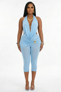 Halter Cowl Neck Backless Lace-Up Top Ruched Capris Pants 2pcs Set-Blue