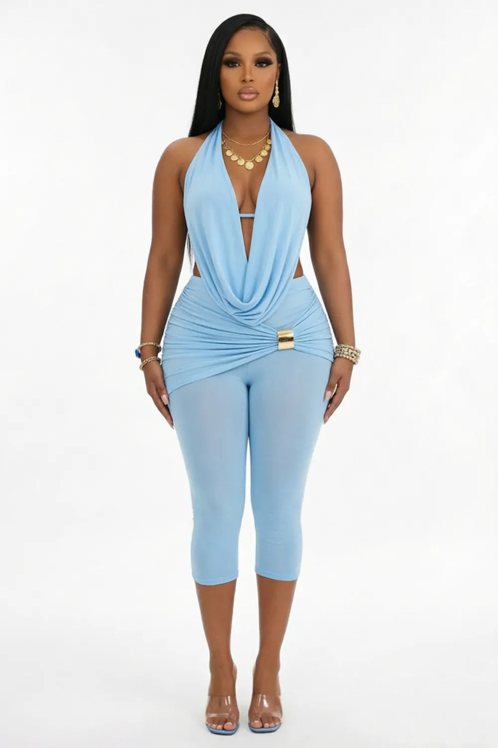 Halter Cowl Neck Backless Lace-Up Top Ruched Capris Pants 2pcs Set-Blue