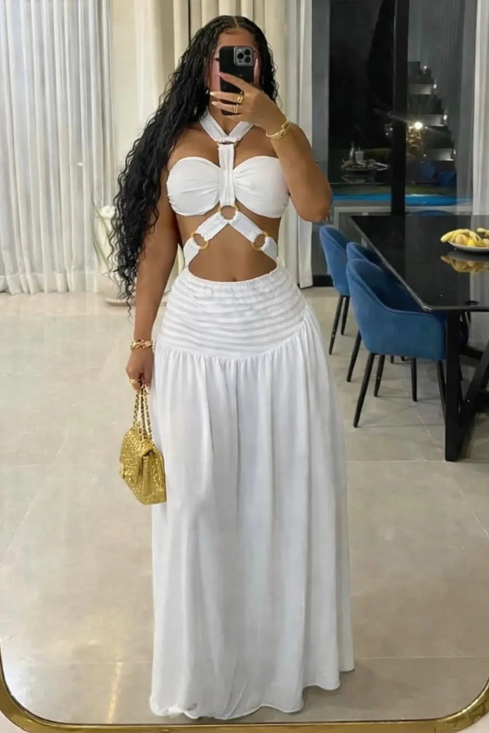 Halter Backless Cut Out Ruched A-Line Party Maxi Dresses-White