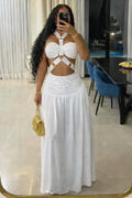 Halter Backless Cut Out Ruched A-Line Party Maxi Dresses-White
