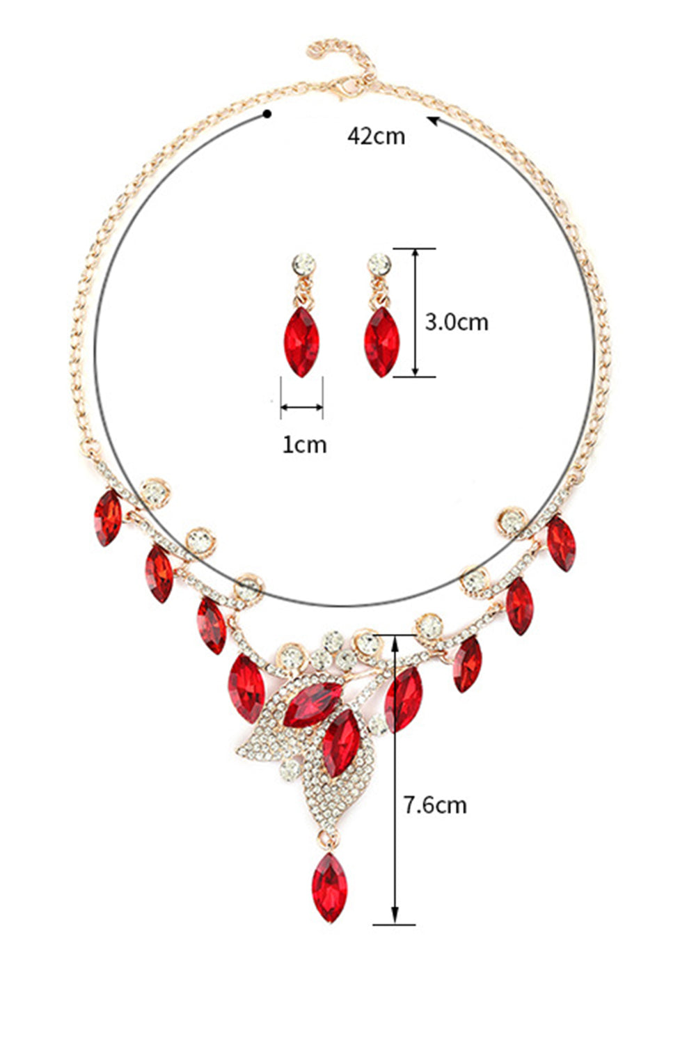 Retro Elegant Geometric Crystal Leaf Shaped Necklace Earrings Jewelry Set