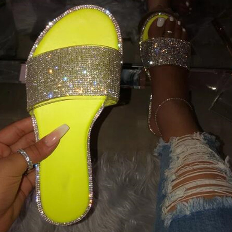Shining Rhinestone Round Toe Flat Slippers-Black