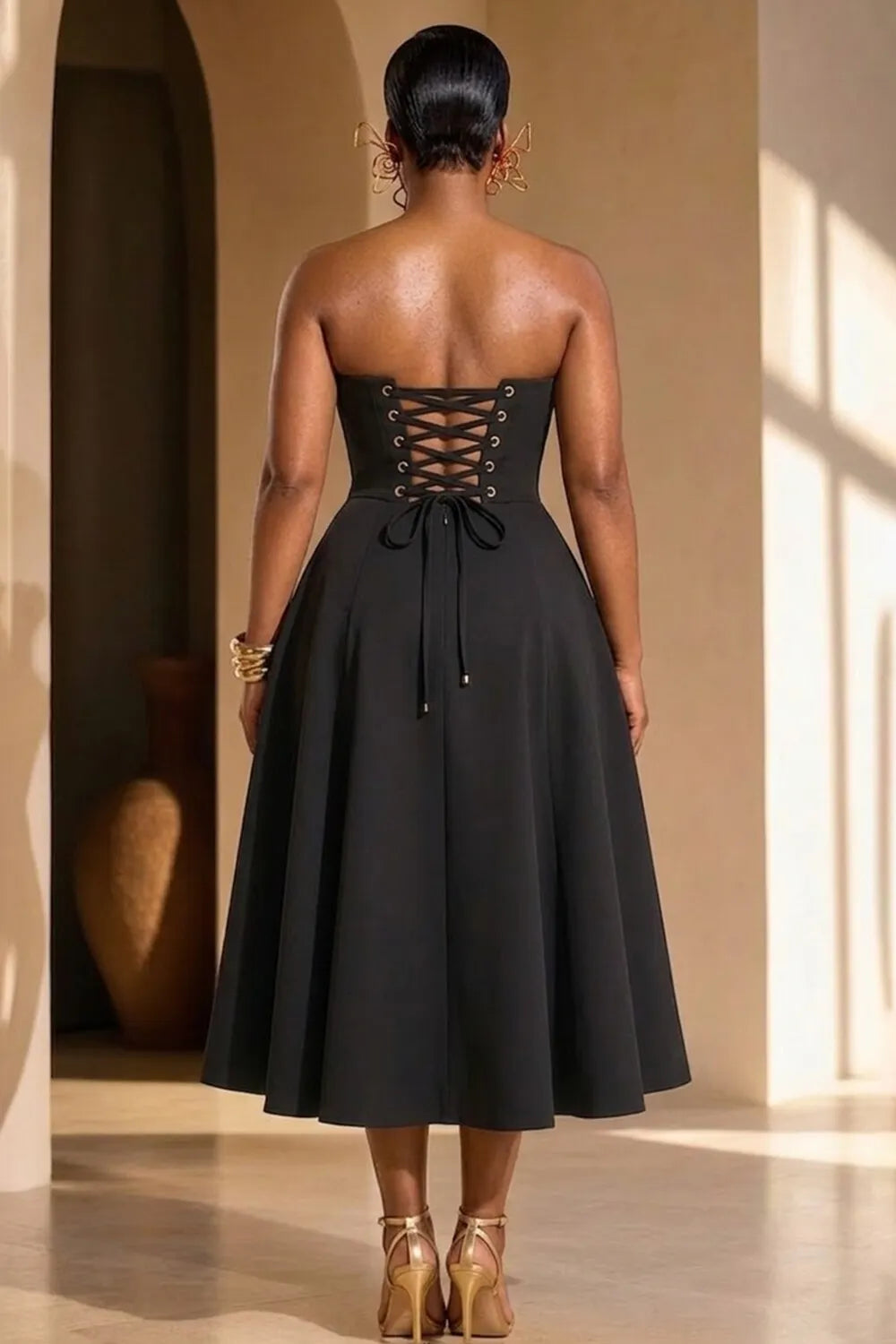 Strapless Large Floral Print Back Lace-Up Midi Dresses-Black