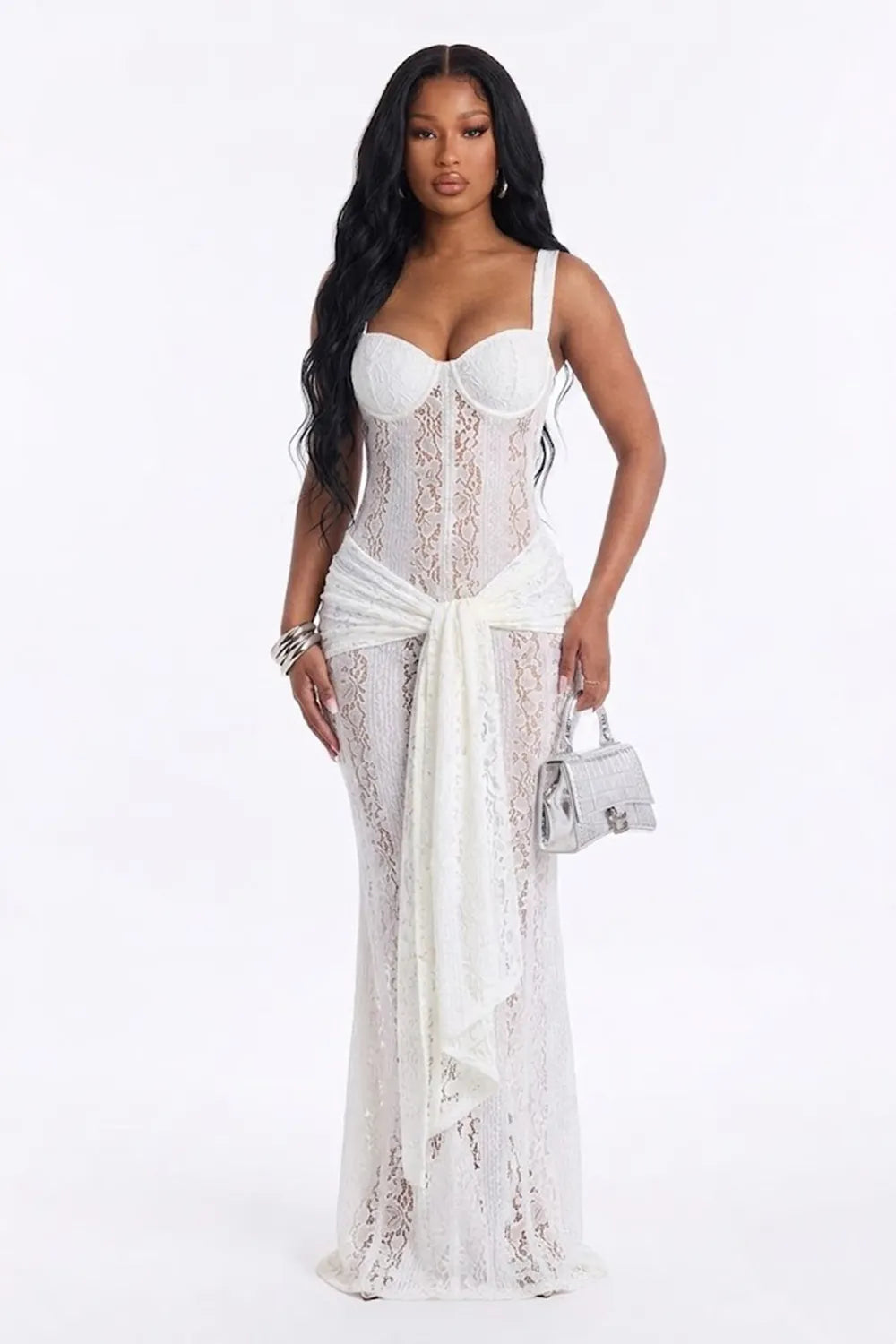 Square Neck Sleeveless Guipure Lace Sash Slim Fit Gowns Maxi Dresses-White