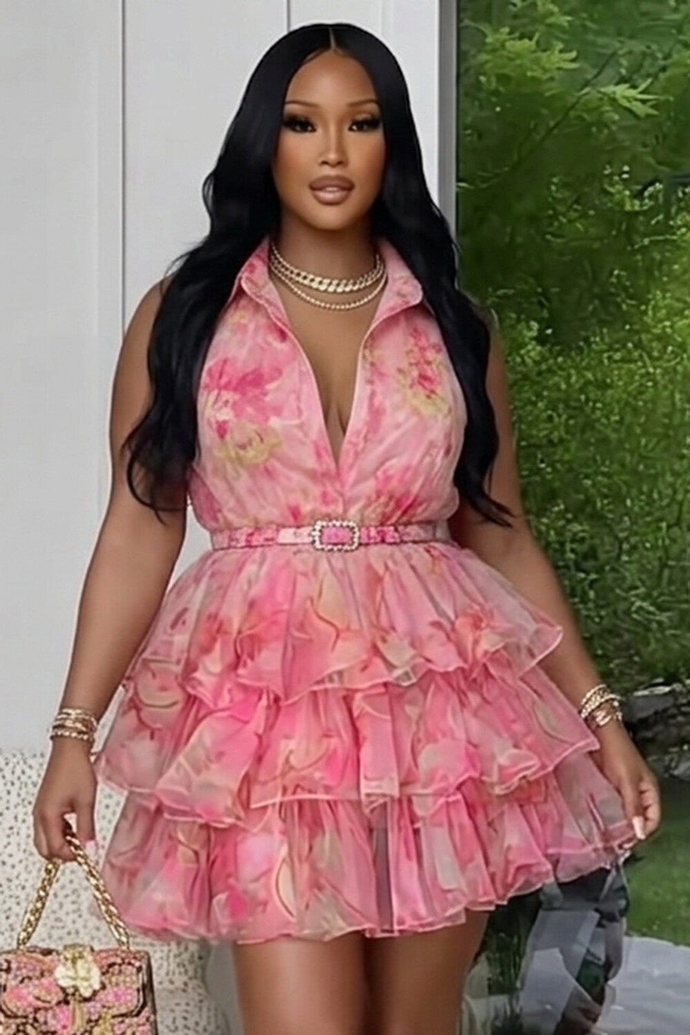 Collar Sleeveless Ruffle Vacation Mini Dresses-Pink