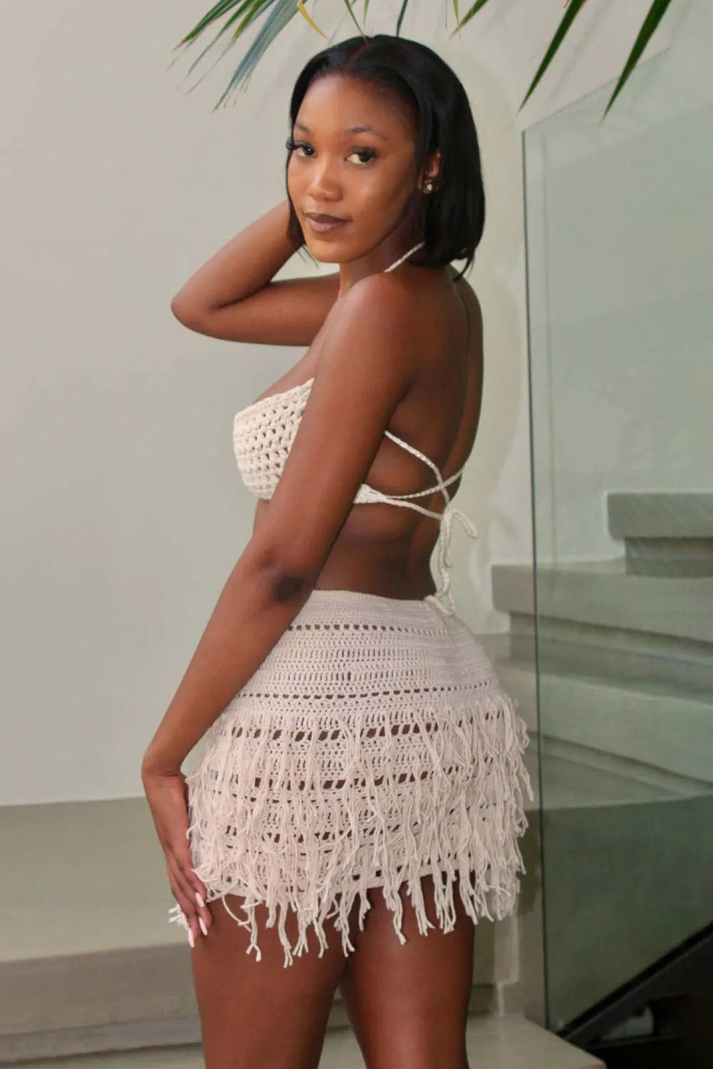 Halter Backless Crop Top Tassel Mini Skirt Crochet Vacation 2pcs Set-White