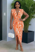 Deep V Neck Sleeveless Ruched Slit Casual Maxi Dresses-Orange