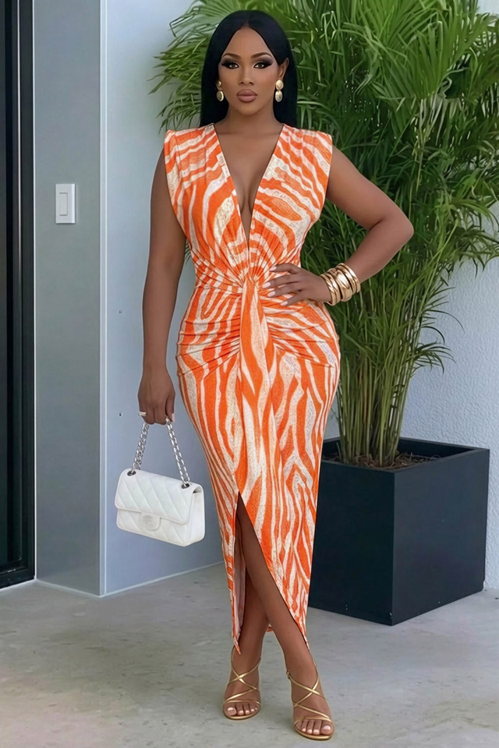 Deep V Neck Sleeveless Ruched Slit Casual Maxi Dresses-Orange