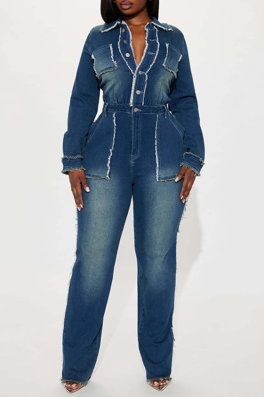 Collar Raw Trim Long Sleeve Multi-Pocket Denim Jumpsuit-Blue