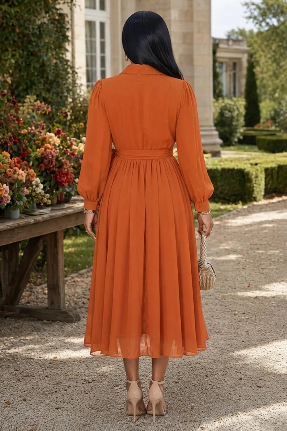 Collar Lantern Sleeve Wrap Button Midi Dresses-Orange