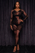 Round Neck Floral See Through Mesh Hollow-Out Slim Long Sleeve Jumpsuit-Black