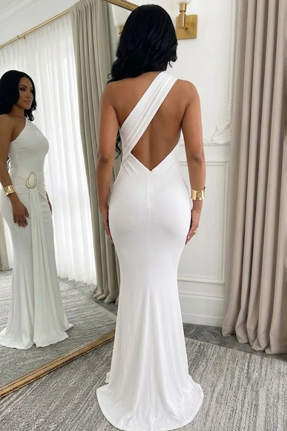 Metal Decor Long Sash Backless One Shoulder Slim Fit Gowns Maxi Dresses-White