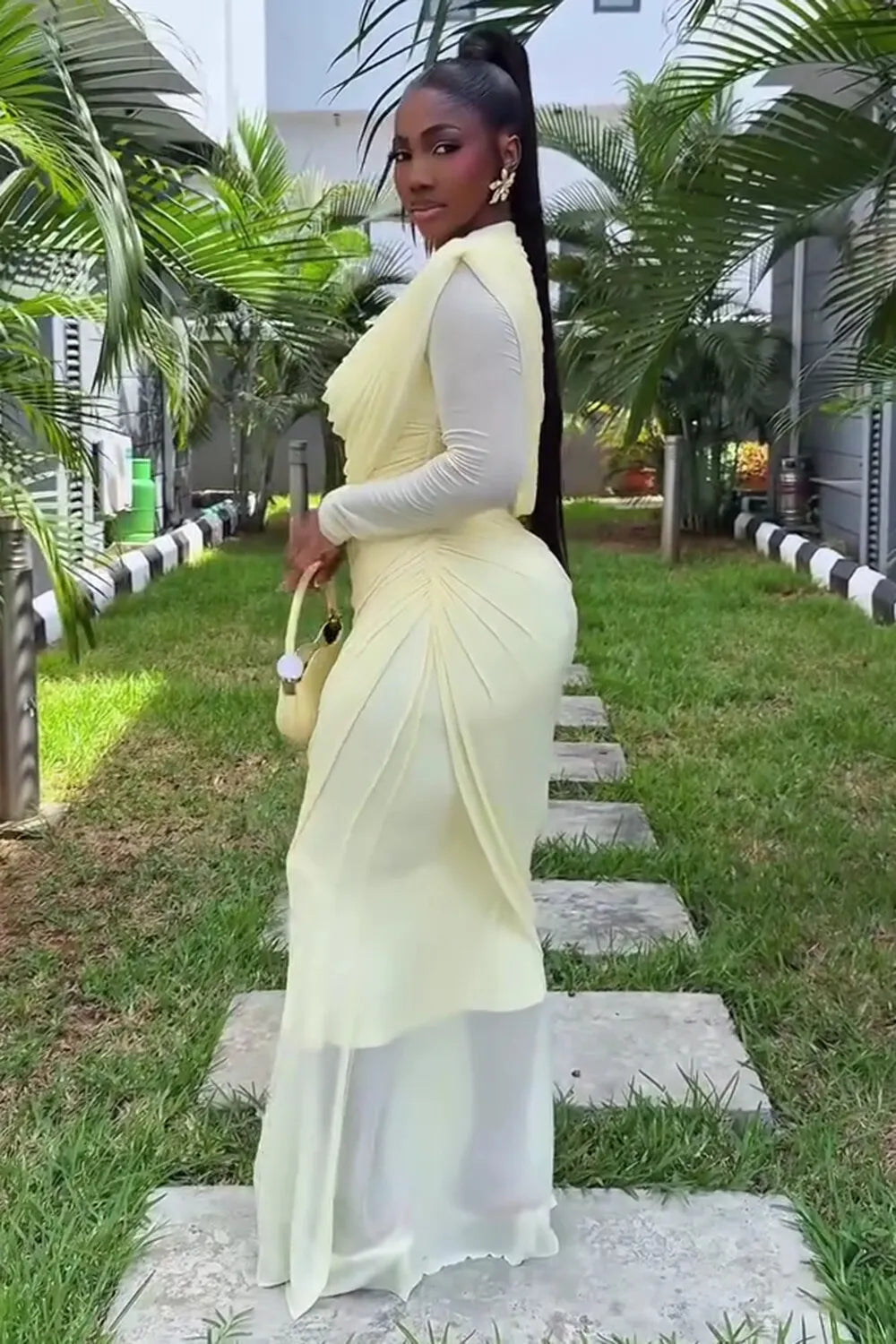 Round Neck Long Sleeve Ruched Slim Fit Gowns Maxi Dresses-Yellow