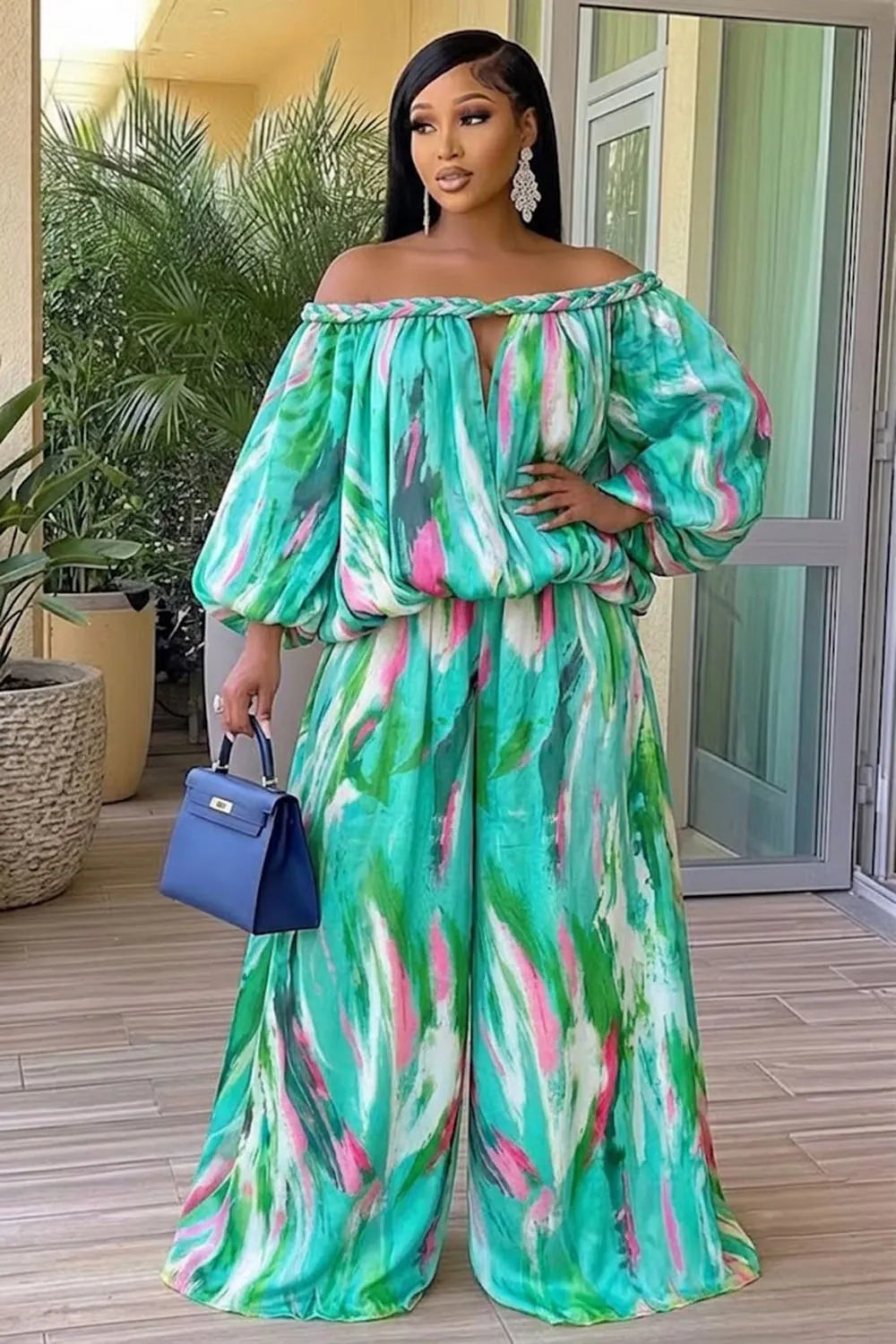Tie Dye Braided Off Shoulder Top Wide Leg Pants 2pcs Set-Orange
