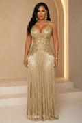 V Neck Jacquard Backless Long Fringe Hem Party Maxi Dresses-Gold