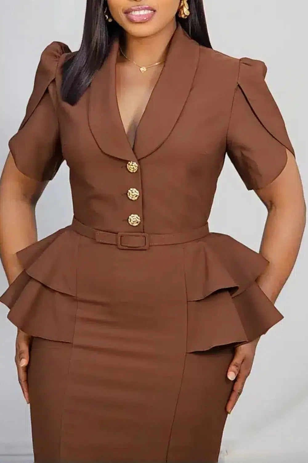 Shawl Lapel Puff Sleeve Ruffle Solid Color Bodycon Formal Midi Dresses-Pink
