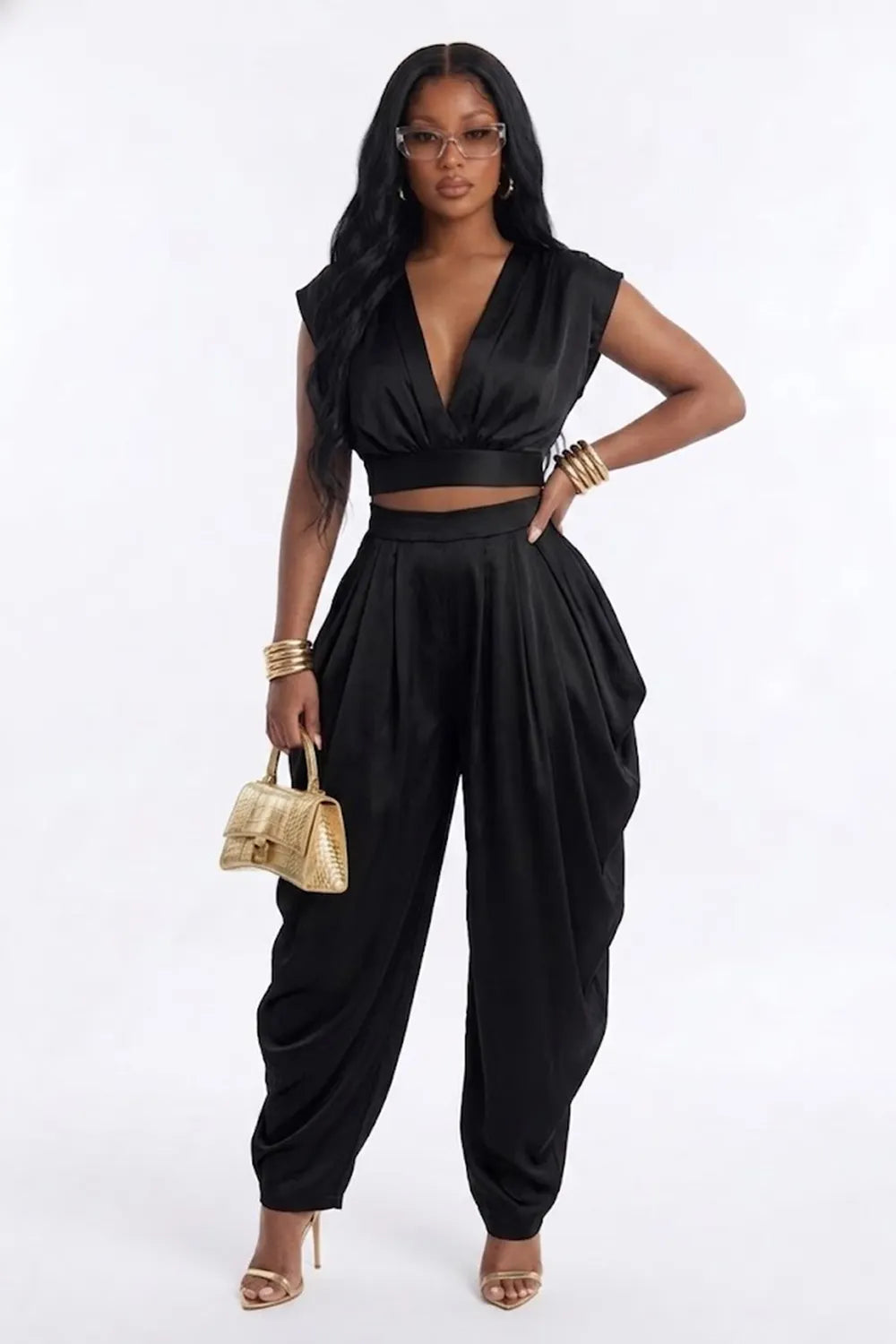 Solid Color Backless Deep V Neck Crop Top Ruched Pants 2pcs Set-Green