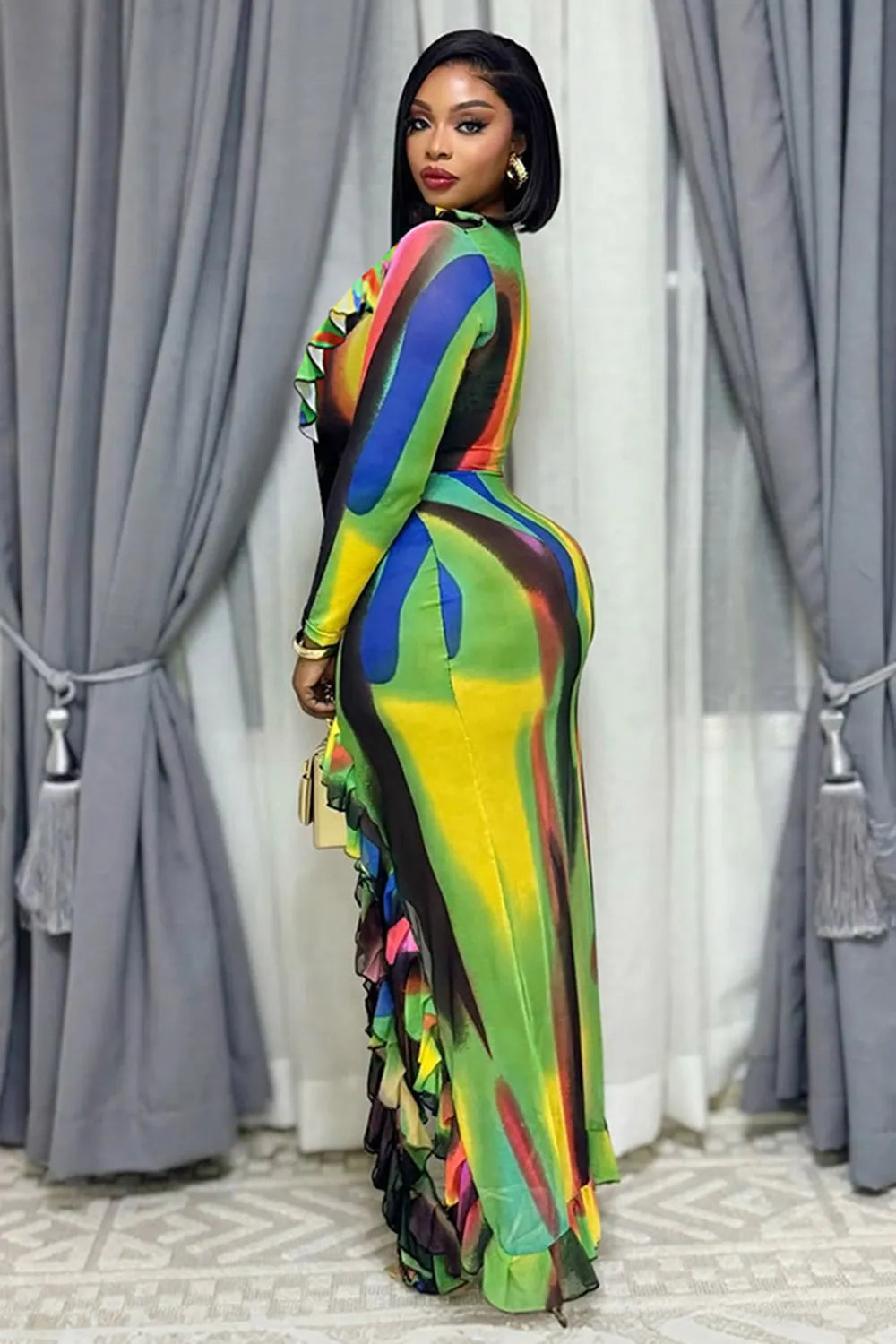V Neck Ruffled Irregular Hem Slit Colorblock Vacation Maxi Dresses