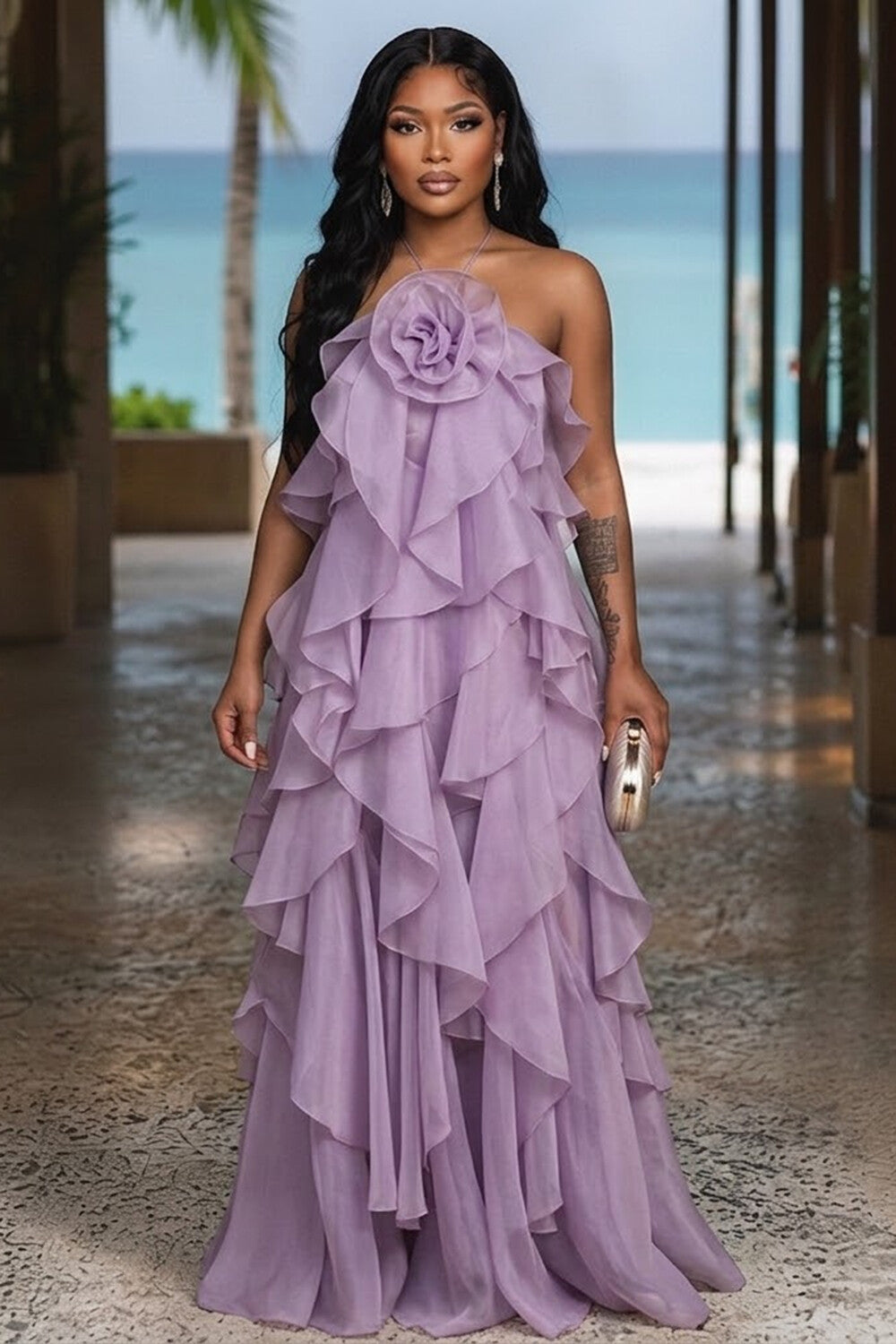 Halter Neck 3D Floral Tiered Flounce Vacation Maxi Dresses-Orange