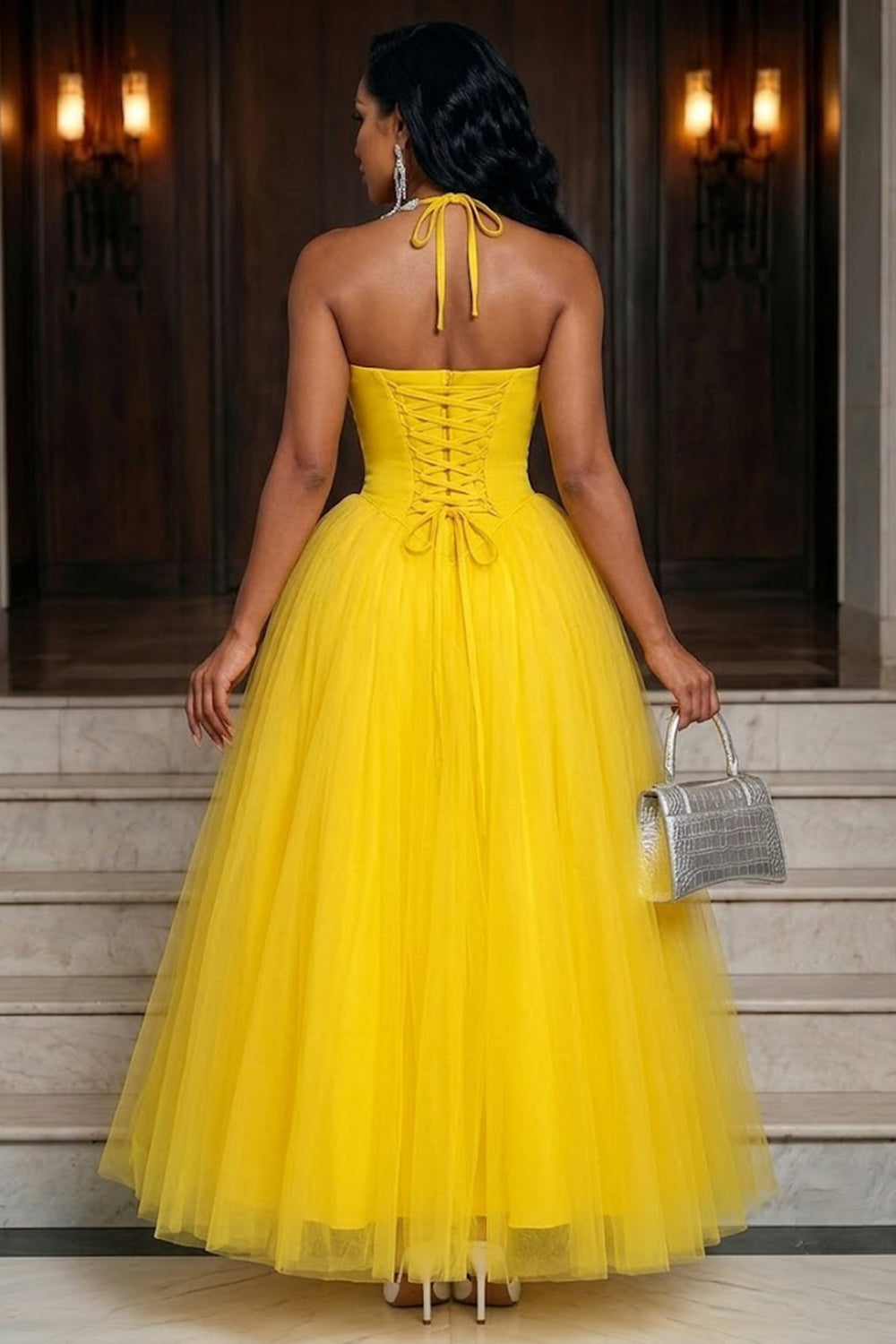 Halter Neck Cinch Waist Back Lace-Up A-Line Maxi Dresses-Yellow
