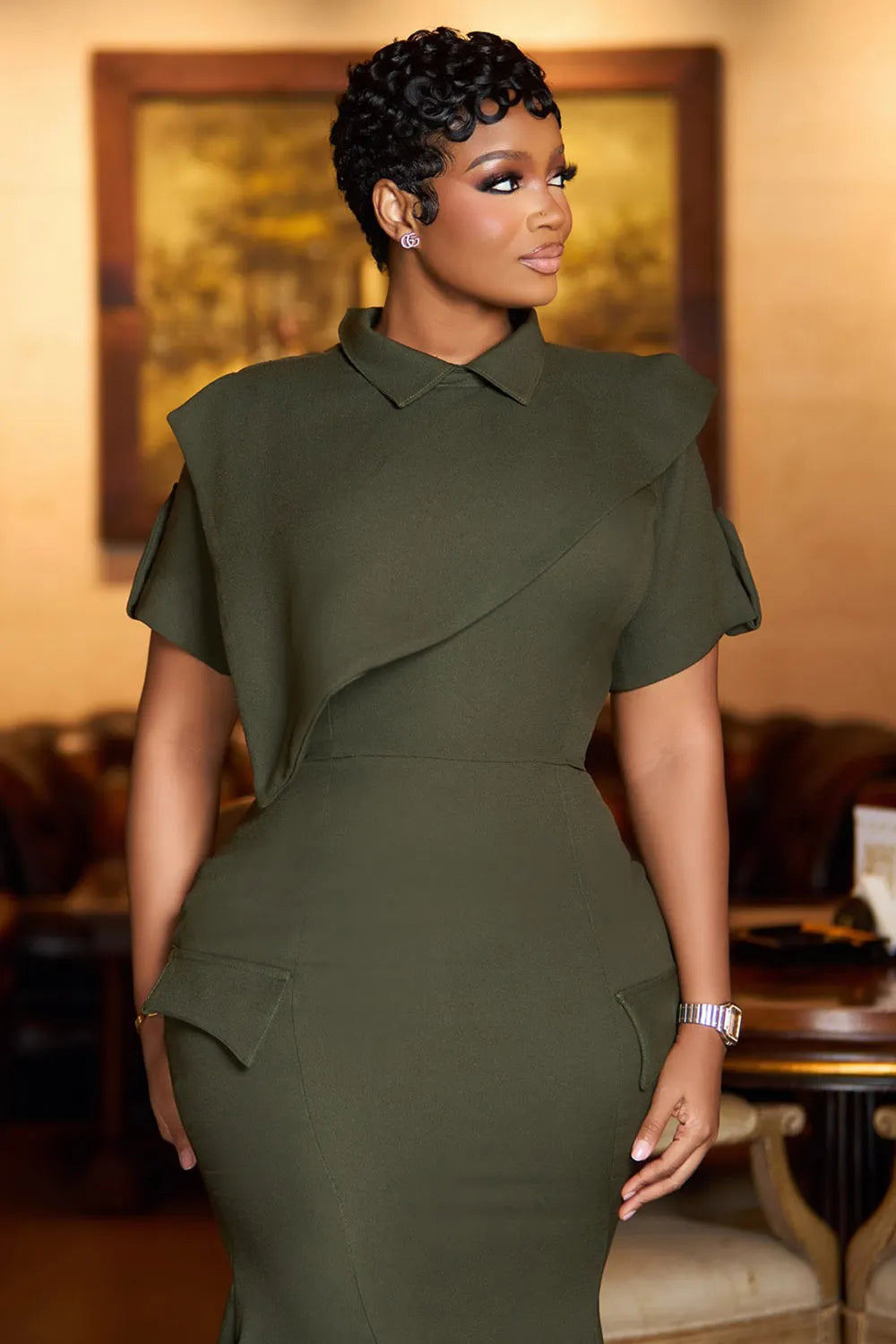 Collar Short Sleeve Bodycon Casual Maxi Dresses-Beige