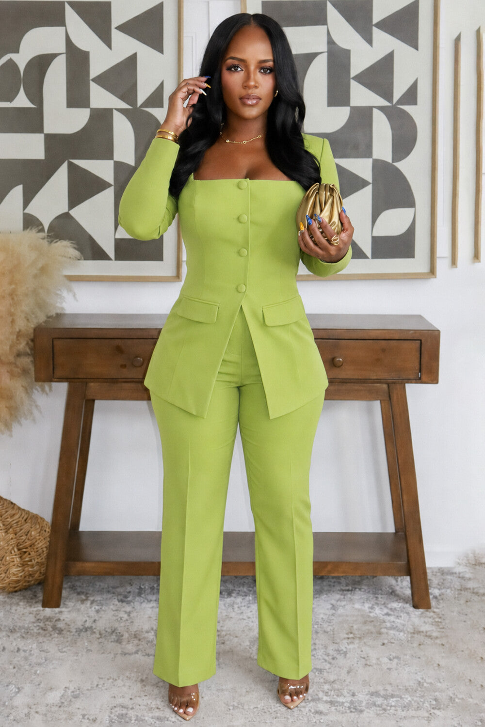 Square Neck Single Breasted Split Top Pants 2pcs Set-Green