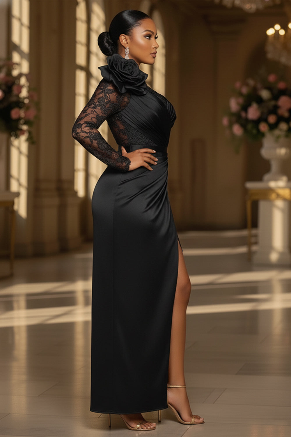 Rosette Lace Patchwork Pleated Slit Party Maxi Dresses-Green