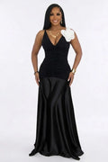 V Neck 3D Floral Ruched Mesh Satin Patchwork Gowns Maxi Dresses-Black