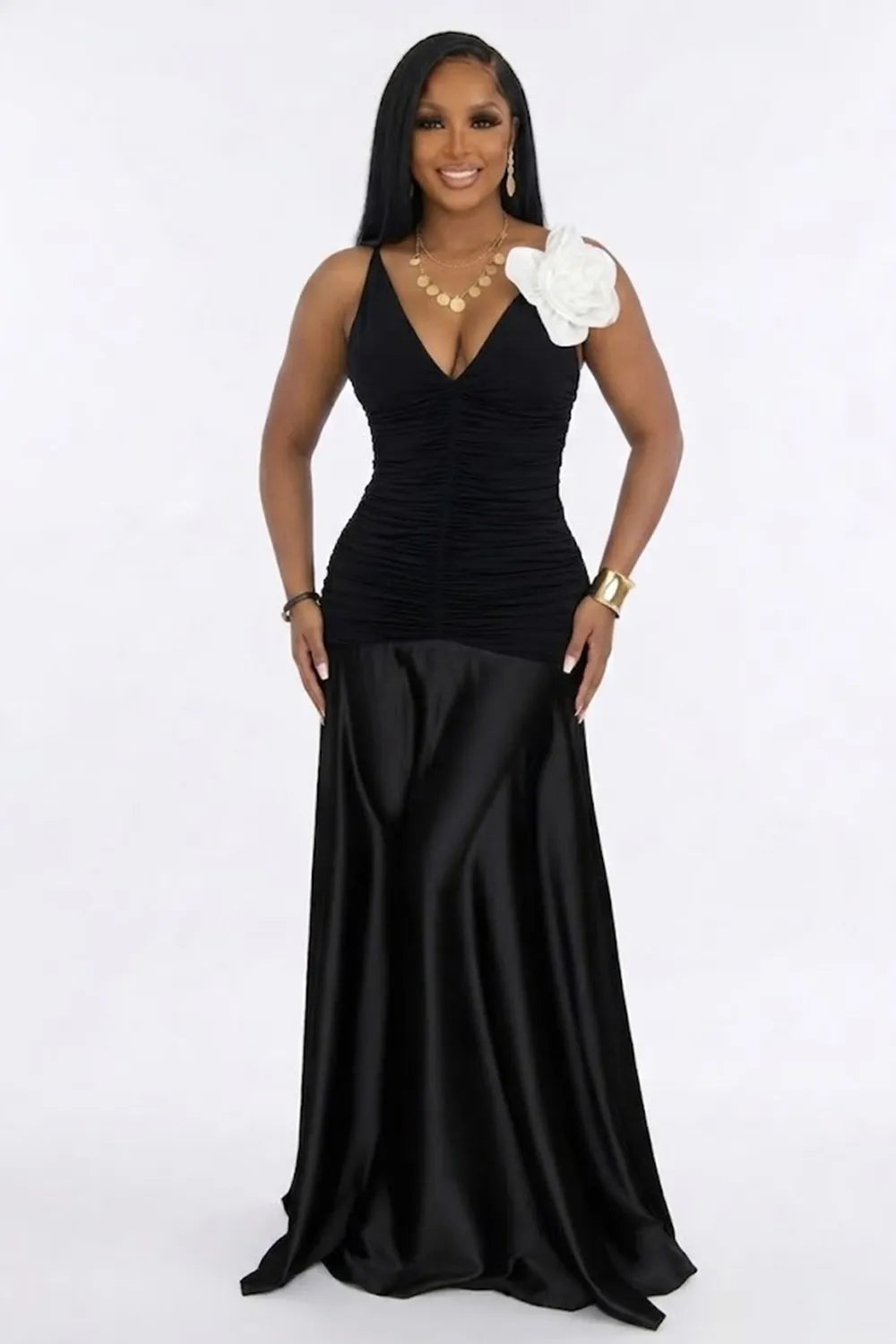 V Neck 3D Floral Ruched Mesh Satin Patchwork Gowns Maxi Dresses-Black