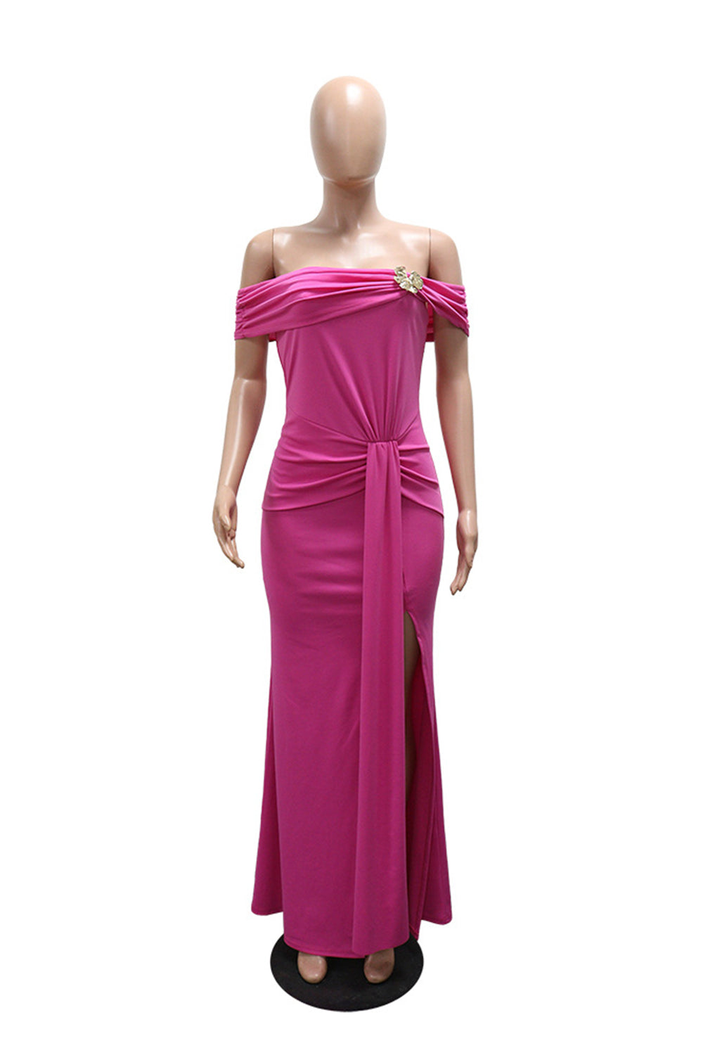 Off Shoulder Ruched Metal Decor Solid Color Slit Gowns Maxi Dresses-Fuchsia