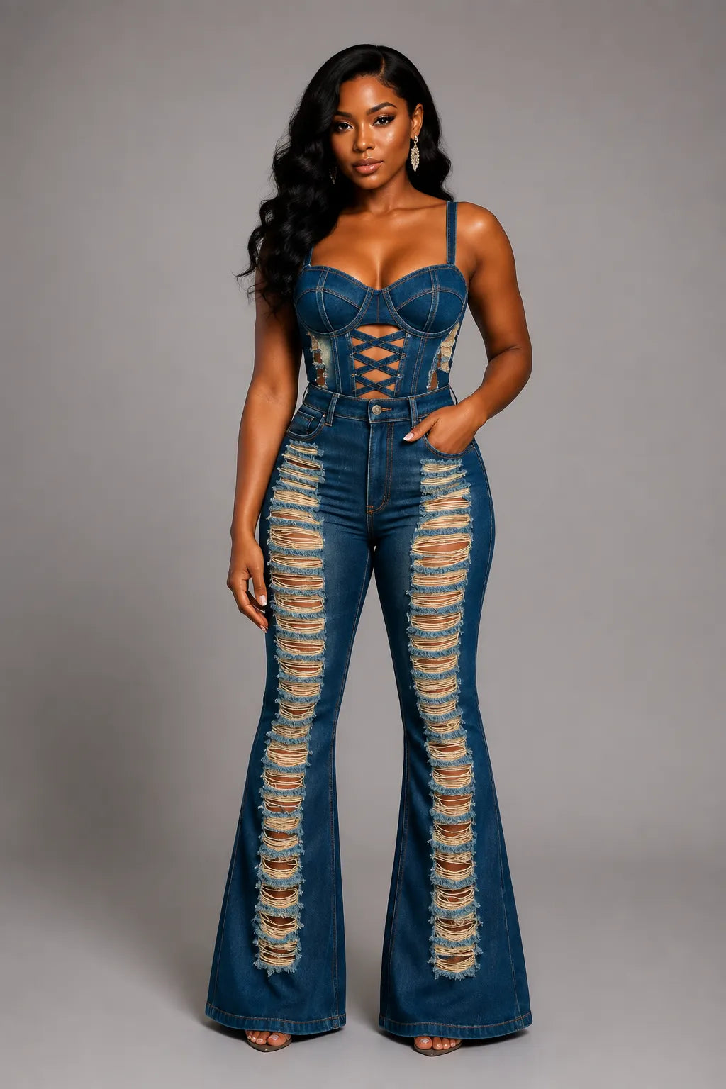 Lace-Up Cinch Waist Scratch Denim Cami Flare Leg Jumpsuit-Blue