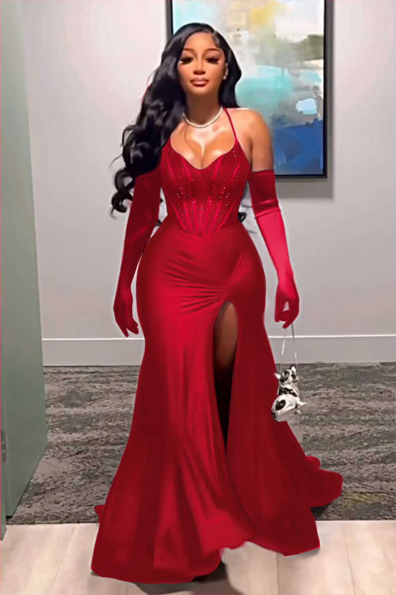 Black High Slit Mermaid Maxi Dress with Halter Neck and Corset Detail