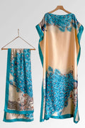 Graphic Print Scarf Boat Neck Kaftan Maxi Dresses Vacation 2pcs Set-Blue