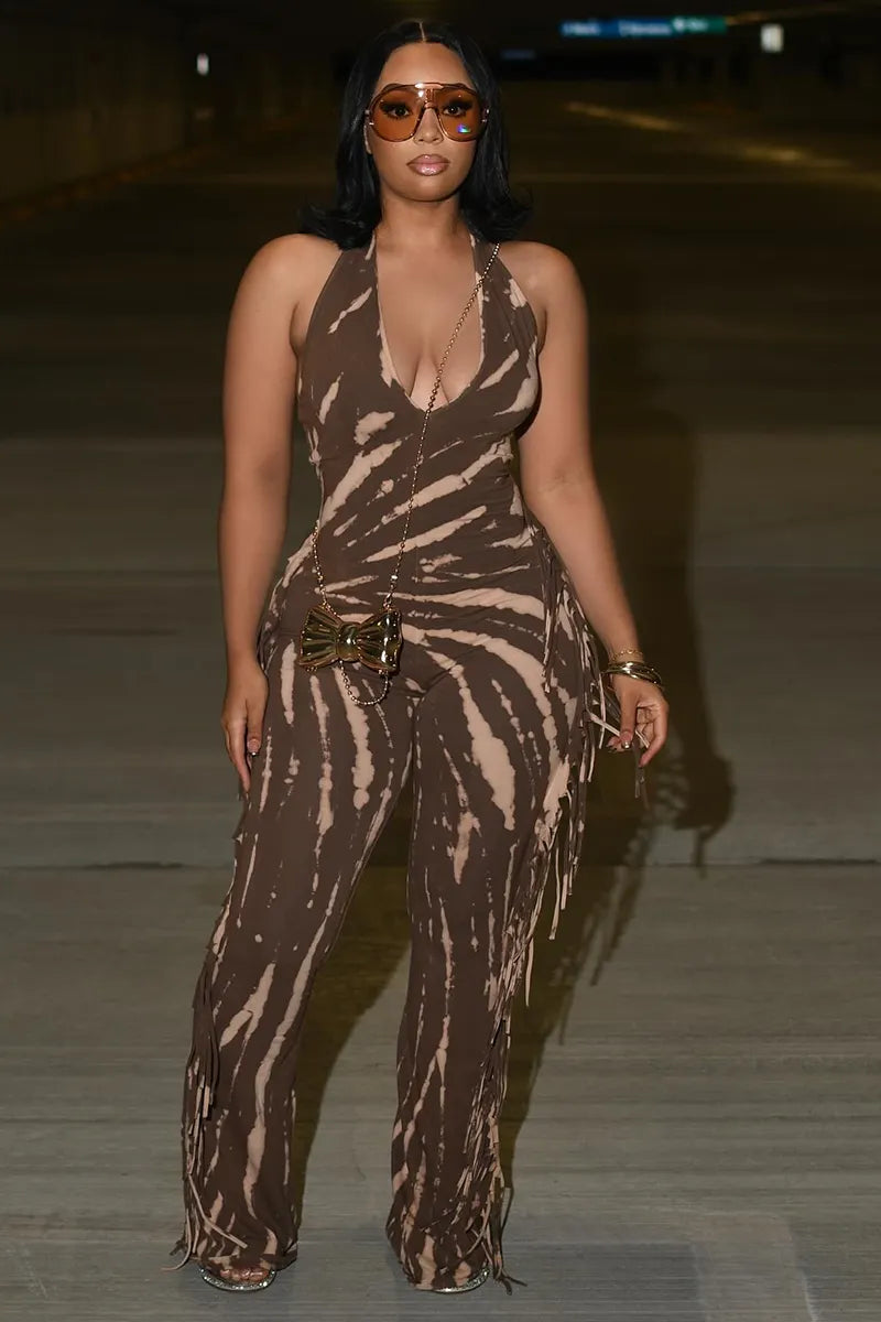 Halter U Neck Tie Dye Print Fringe Daily Wide Leg Jumpsuit-Brown