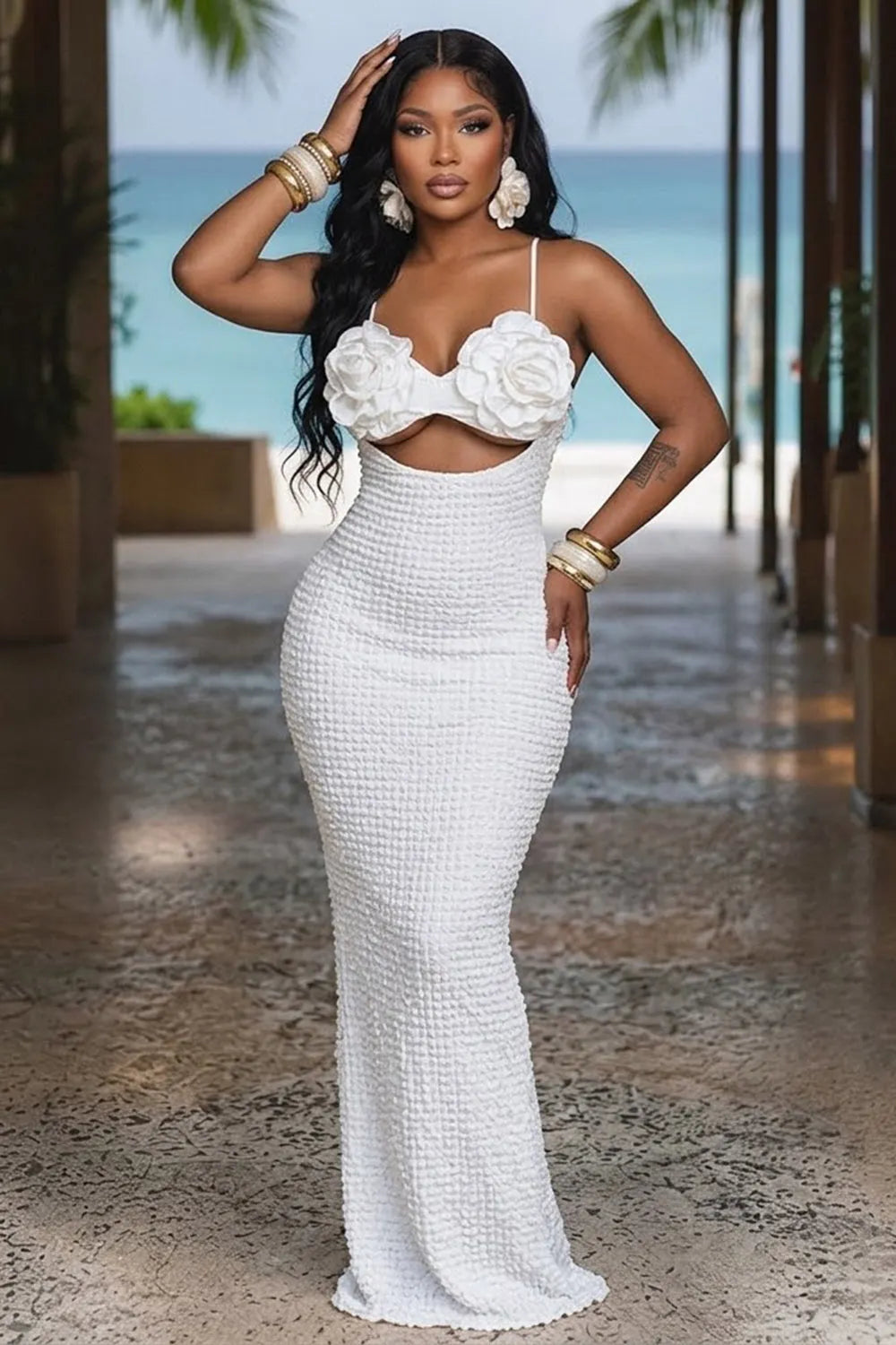 3D Floral Spaghetti Strap Cut Out Slit Hem Bodycon Vacation Maxi Dresses-Pink